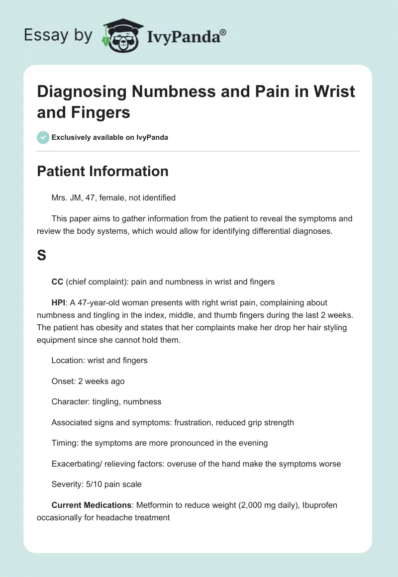 Diagnosing Numbness and Pain in Wrist and Fingers. Page 1
