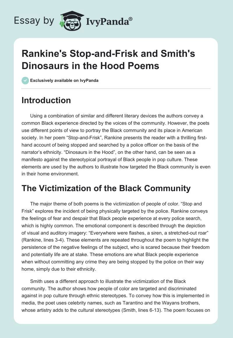 Rankine's "Stop-and-Frisk" and Smith's "Dinosaurs in the Hood" Poems. Page 1