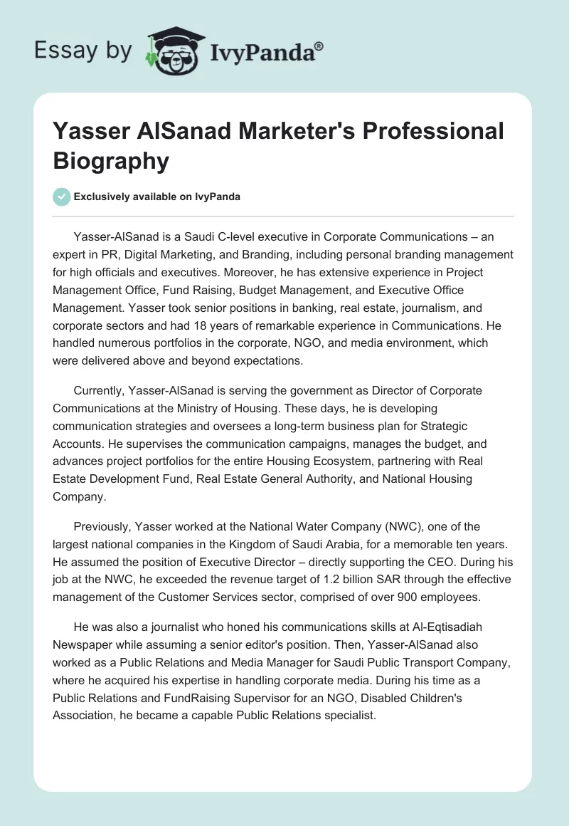 Yasser AlSanad Marketer's Professional Biography. Page 1