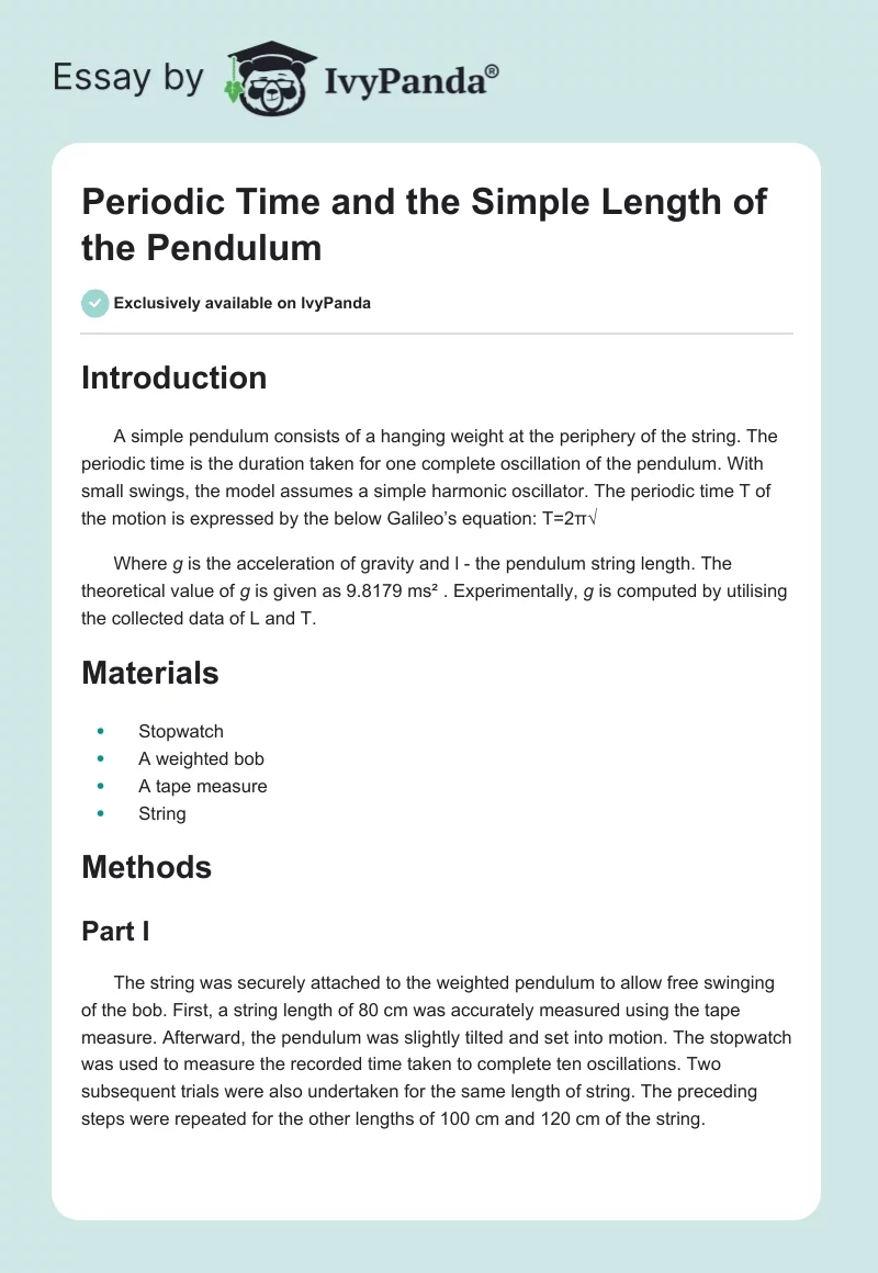 Periodic Time and the Simple Length of the Pendulum. Page 1
