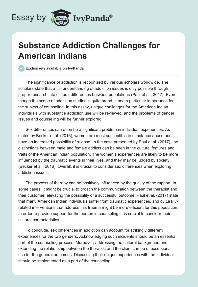 Substance Addiction Challenges for American Indians. Page 1