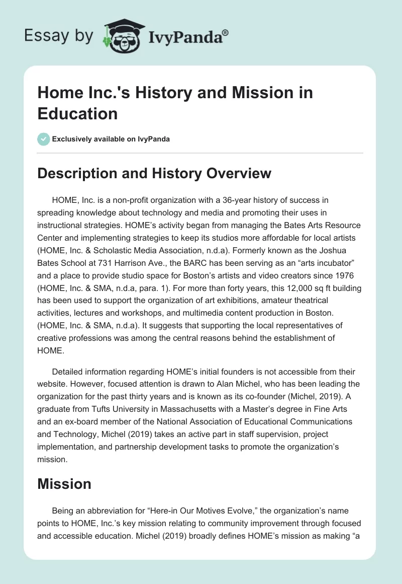 Home Inc.'s History and Mission in Education. Page 1