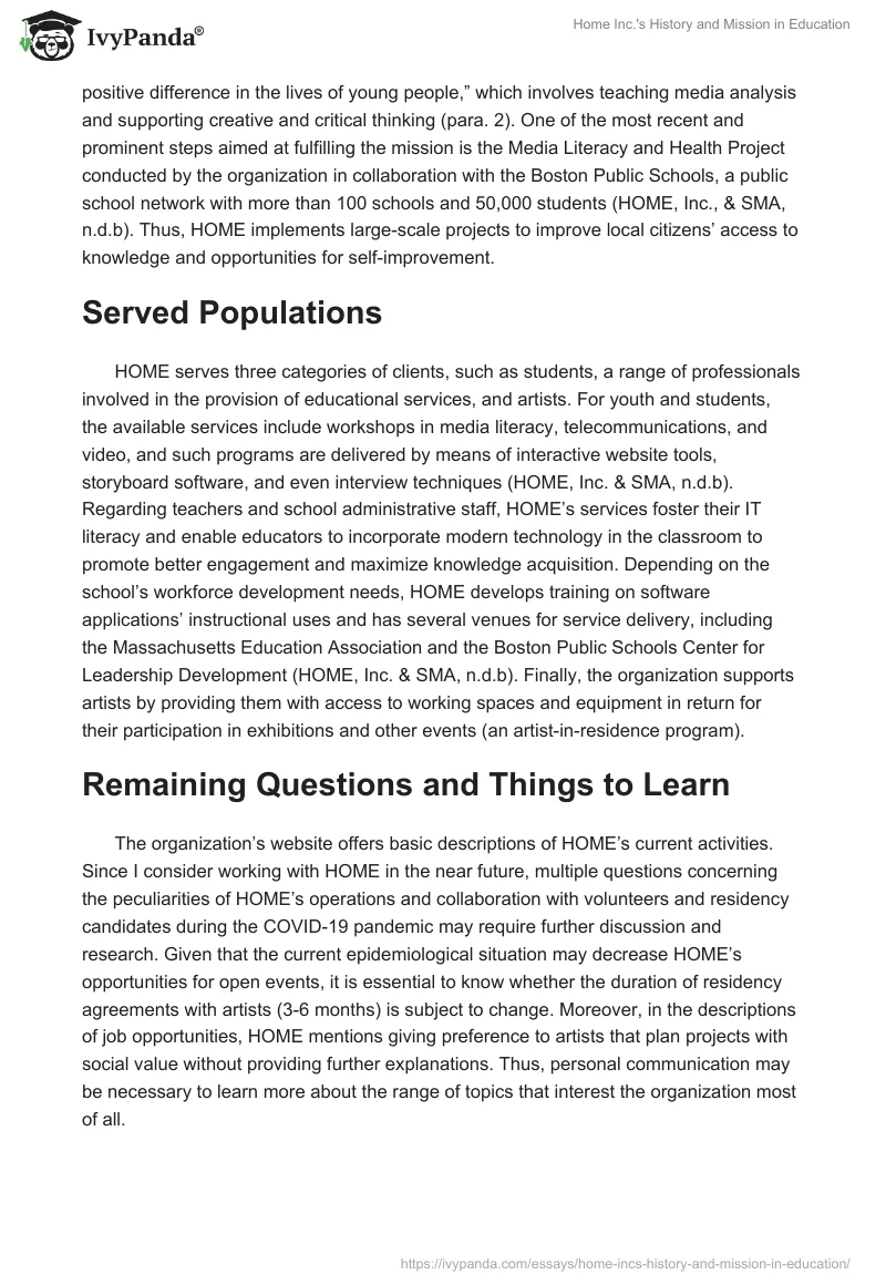 Home Inc.'s History and Mission in Education. Page 2