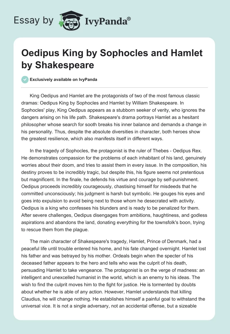 "Oedipus King" by Sophocles and "Hamlet" by Shakespeare. Page 1