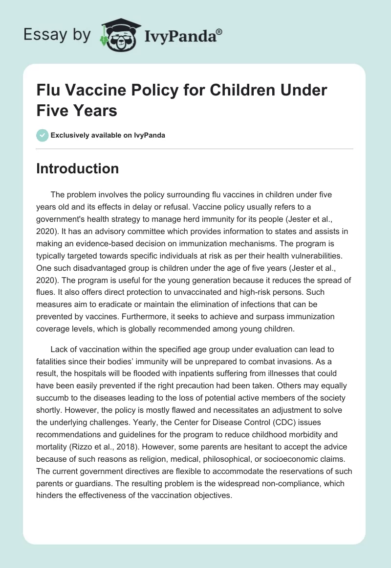 Flu Vaccine Policy for Children Under Five Years. Page 1