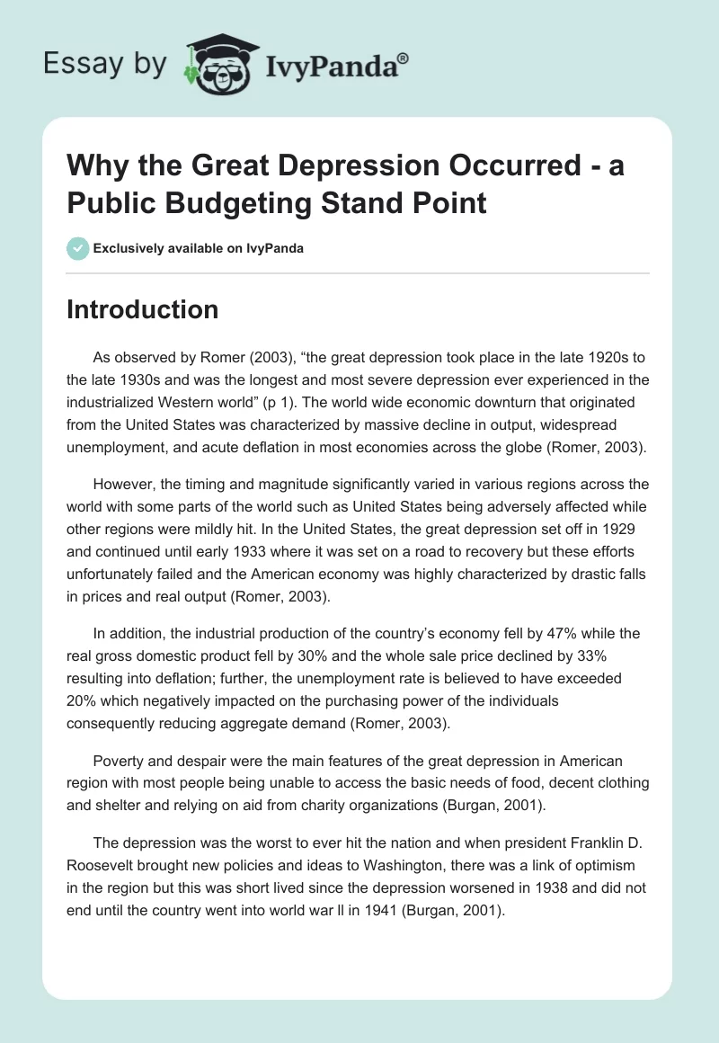 Why the Great Depression Occurred - a Public Budgeting Stand Point. Page 1