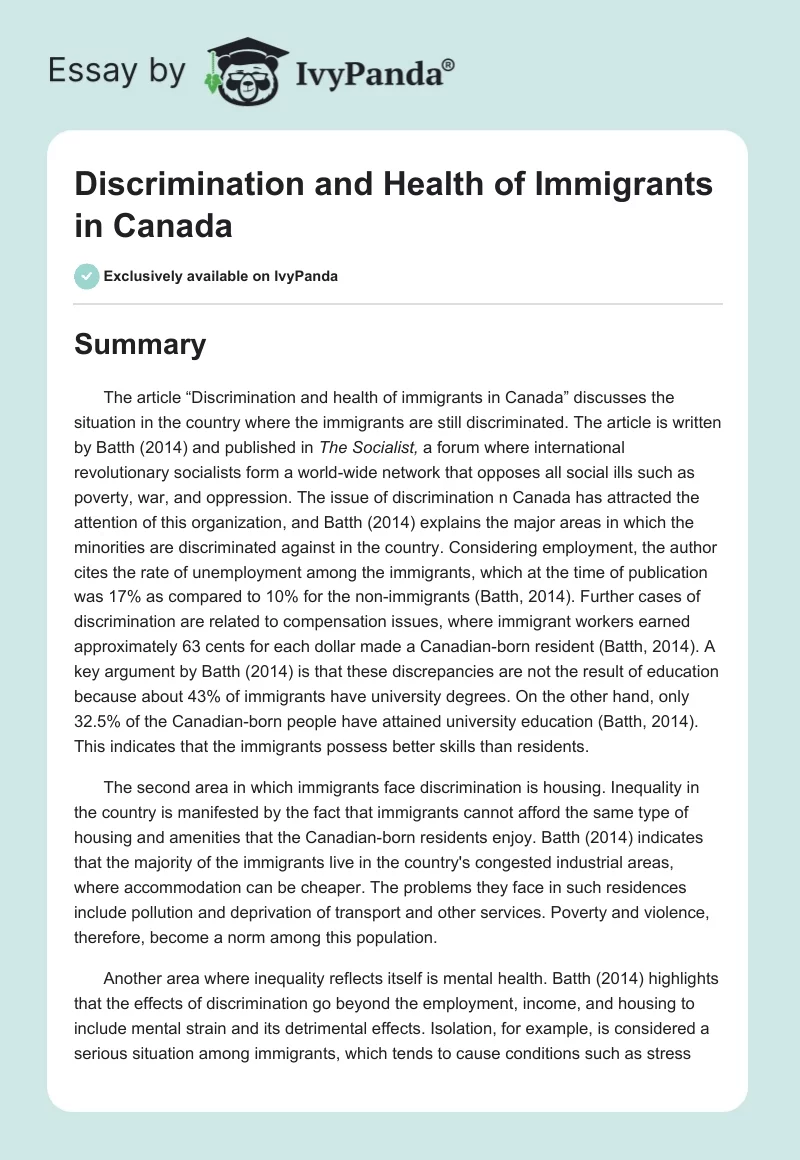 Discrimination and Health of Immigrants in Canada. Page 1