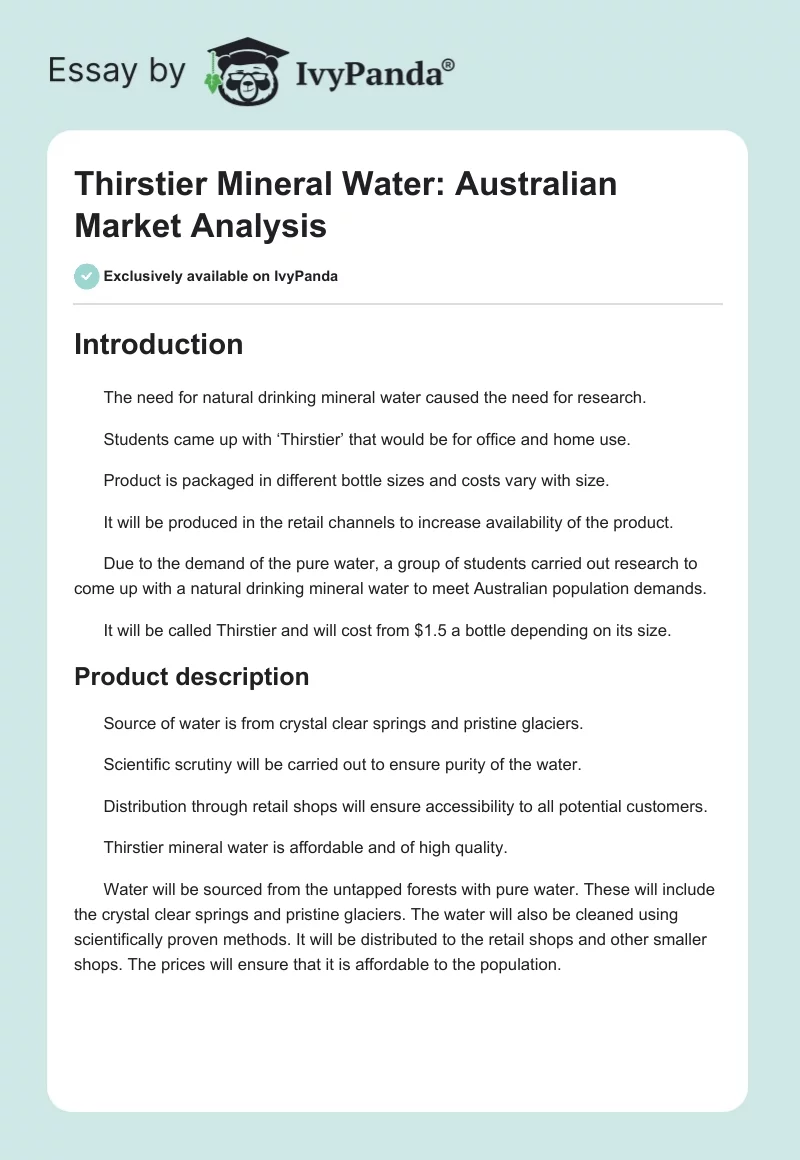 Thirstier Mineral Water: Australian Market Analysis. Page 1