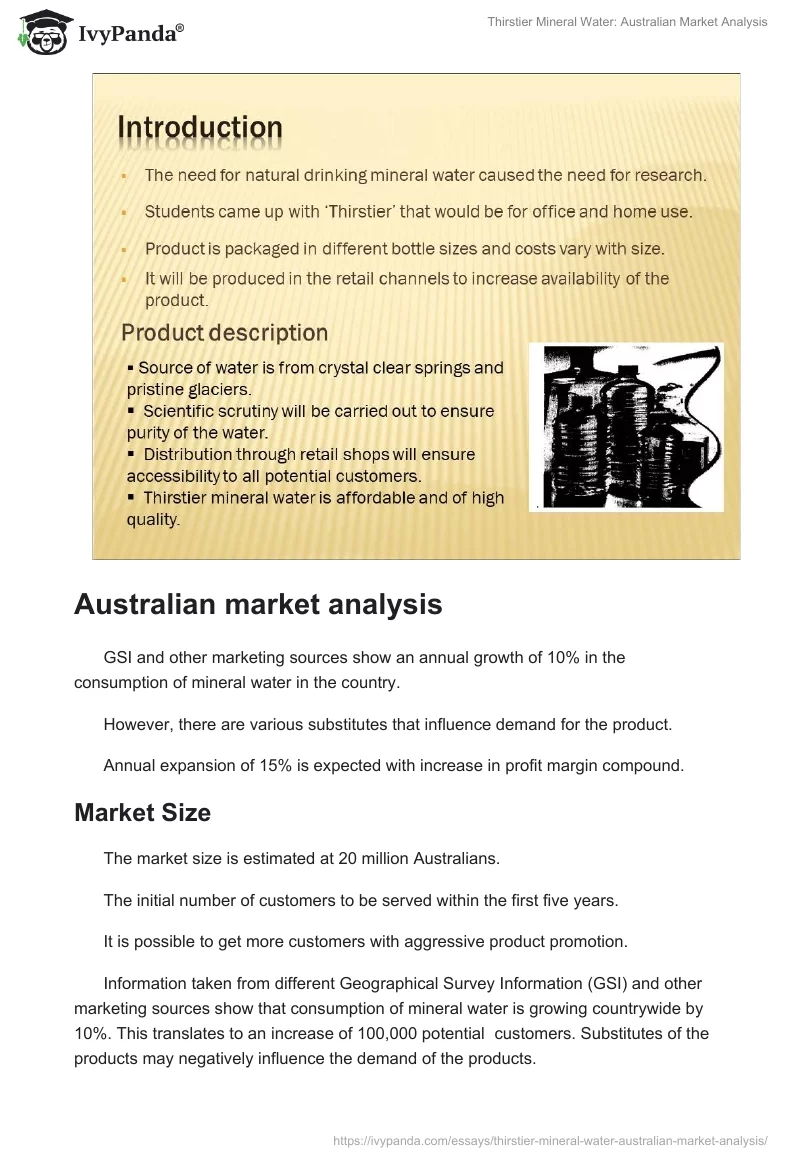 Thirstier Mineral Water: Australian Market Analysis. Page 2