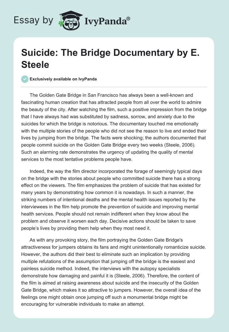 Suicide: "The Bridge" Documentary by E. Steele. Page 1
