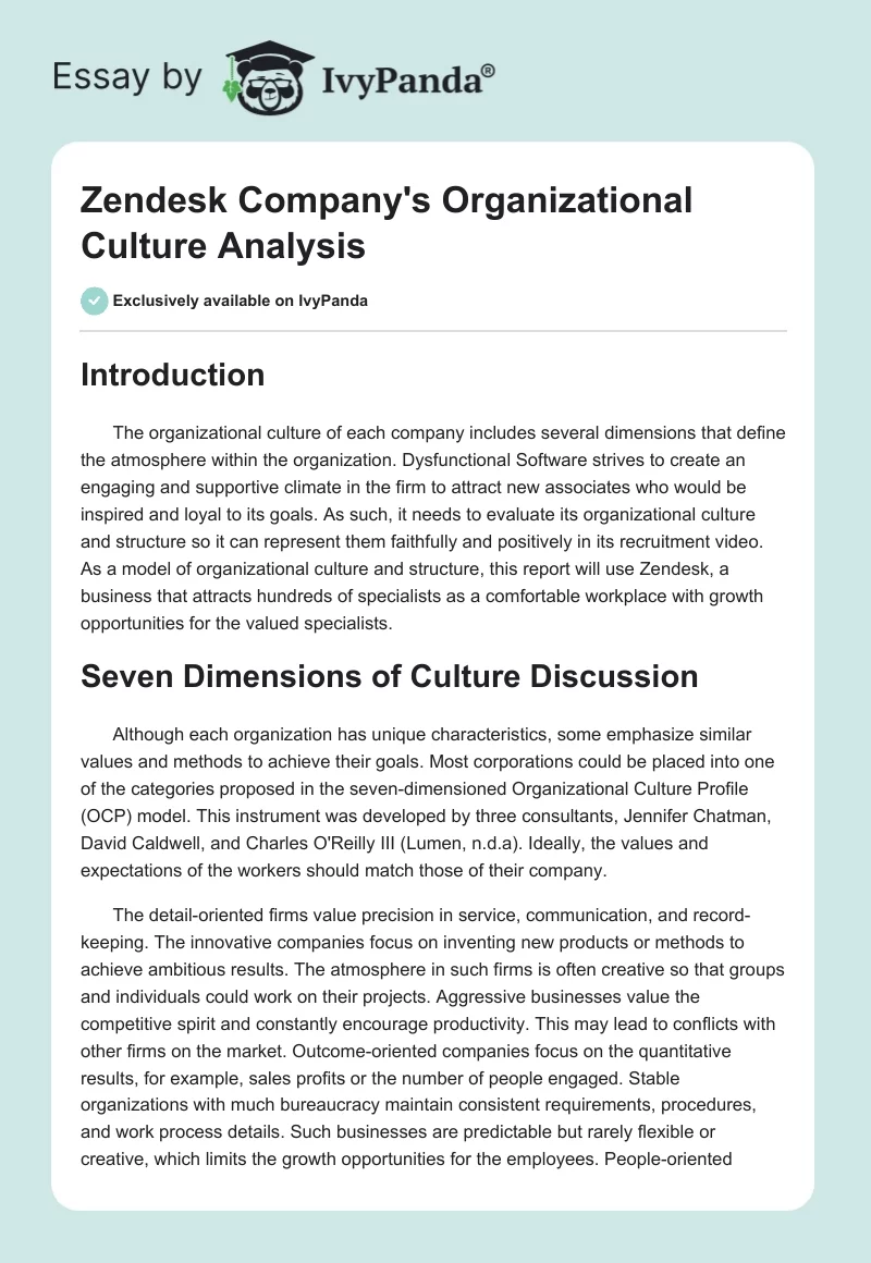 Zendesk Company's Organizational Culture Analysis. Page 1