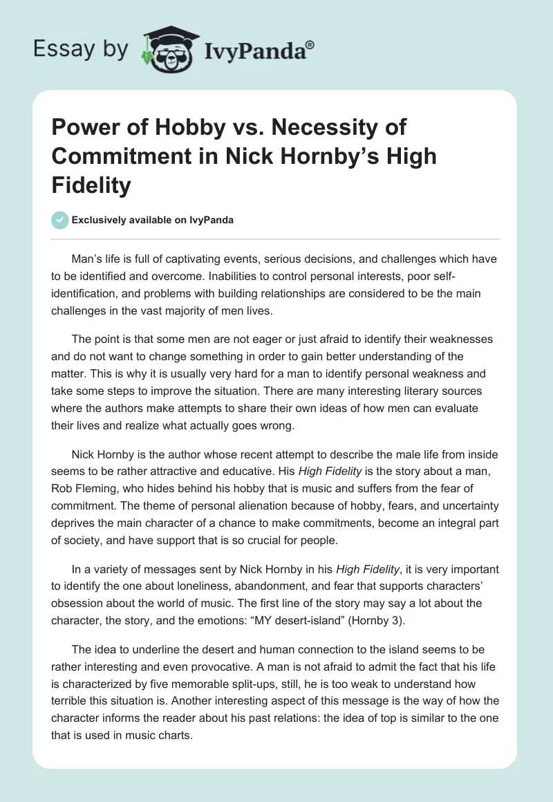 Power of Hobby vs. Necessity of Commitment in Nick Hornby’s High Fidelity. Page 1