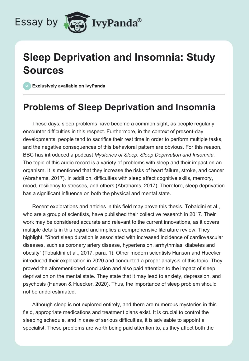 Sleep Deprivation and Insomnia: Study Sources. Page 1