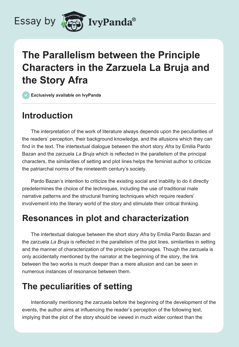 The Parallelism between the Principle Characters in the Zarzuela La Bruja and the Story Afra. Page 1