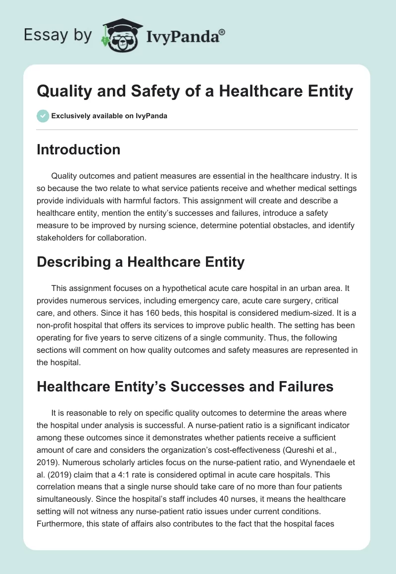 Quality and Safety of a Healthcare Entity. Page 1