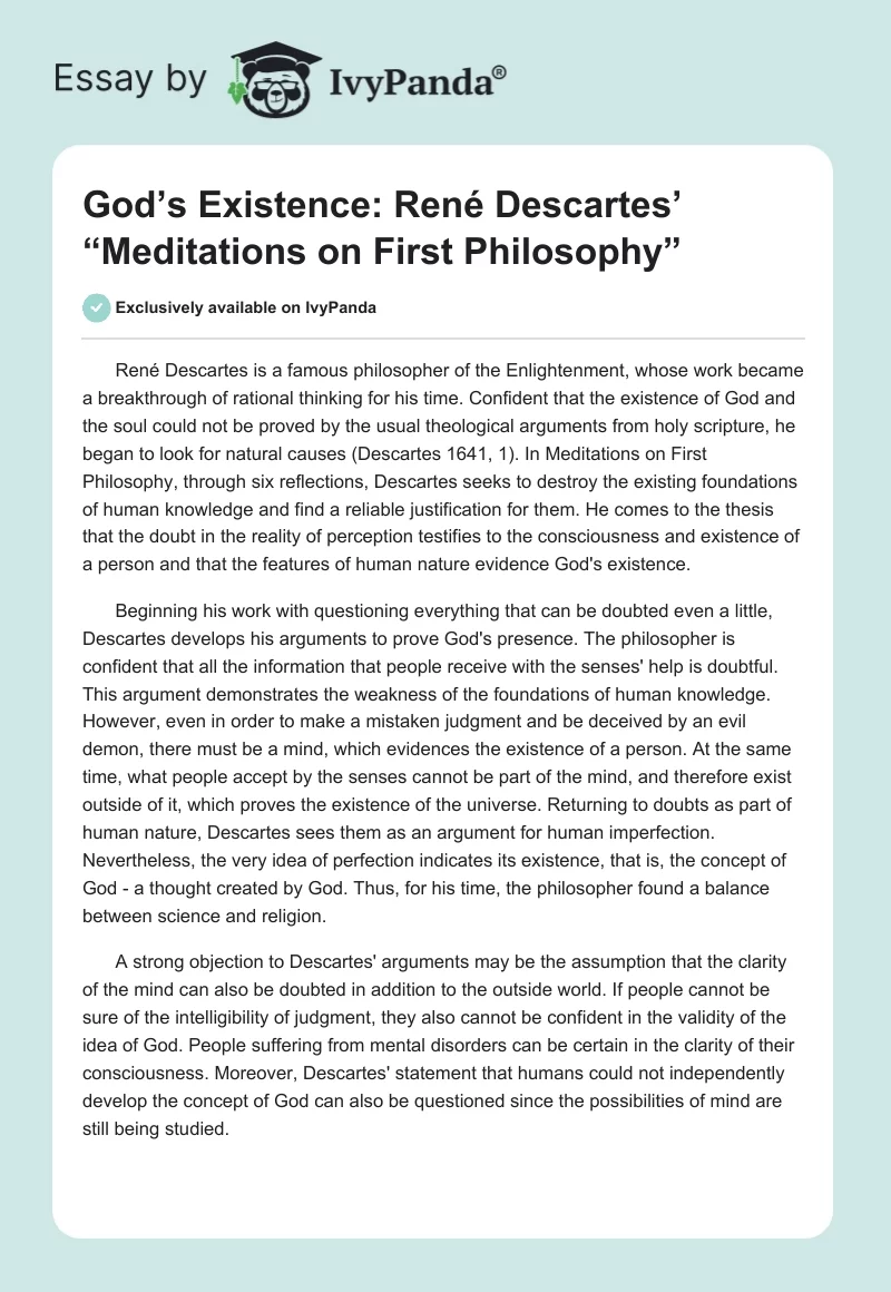 God’s Existence: René Descartes’ “Meditations on First Philosophy”. Page 1