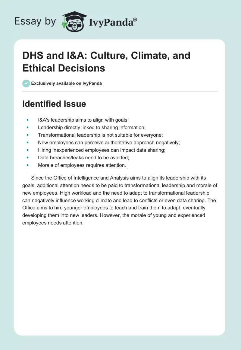 DHS and I&A: Culture, Climate, and Ethical Decisions. Page 1