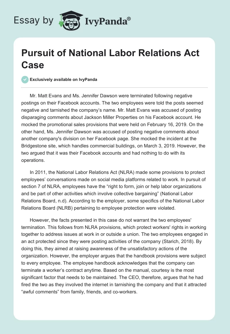 Pursuit of National Labor Relations Act Case. Page 1