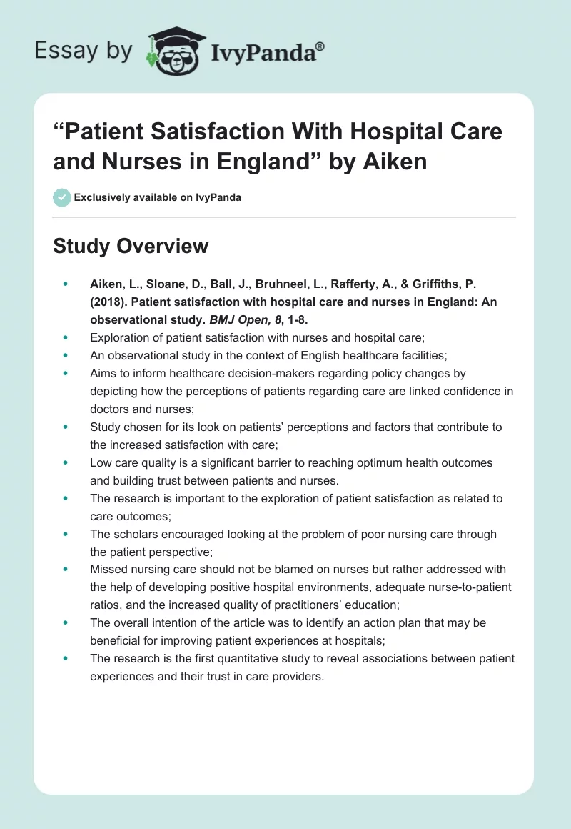 “Patient Satisfaction With Hospital Care and Nurses in England” by Aiken. Page 1