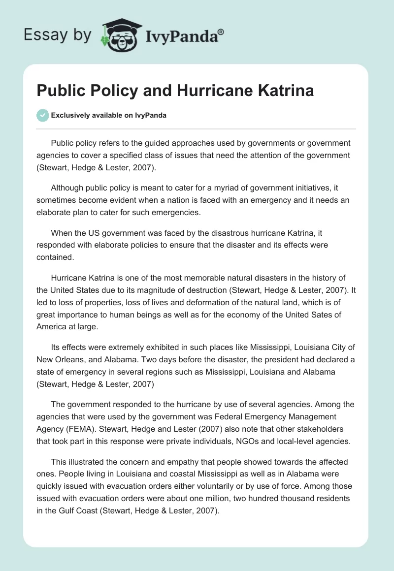 Public Policy and Hurricane Katrina. Page 1