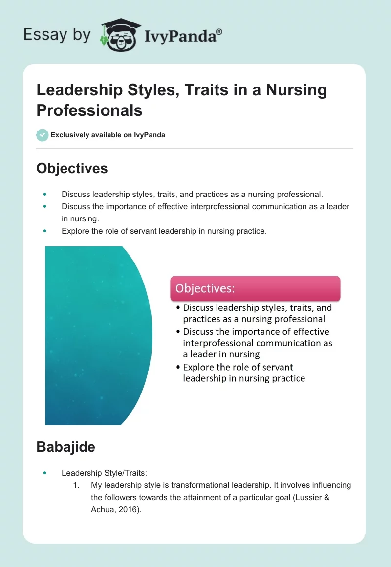 Leadership Styles, Traits in a Nursing Professionals. Page 1