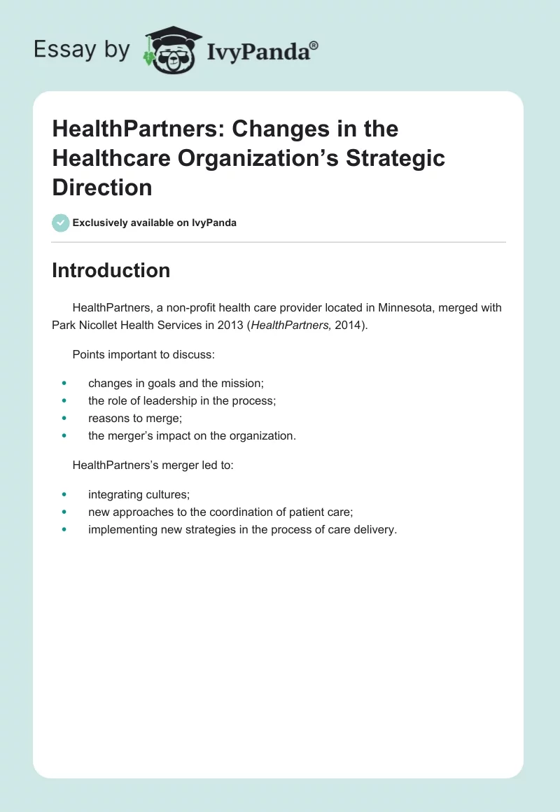 HealthPartners: Changes in the Healthcare Organization’s Strategic Direction. Page 1