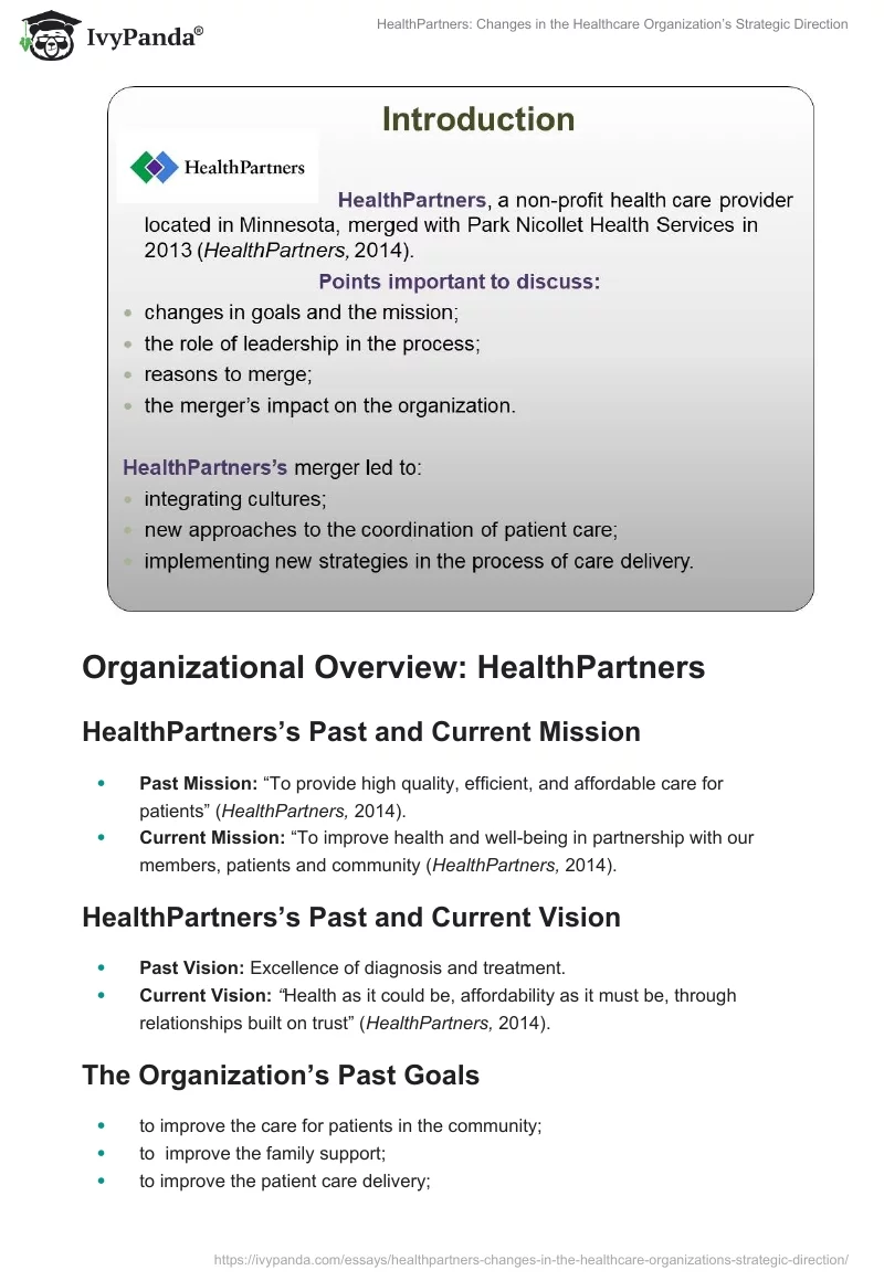 HealthPartners: Changes in the Healthcare Organization’s Strategic Direction. Page 2