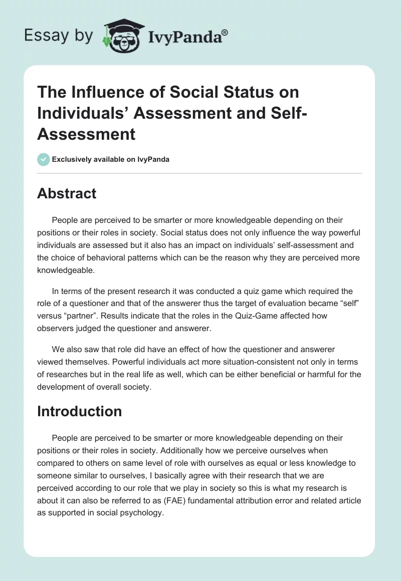 The Influence of Social Status on Individuals’ Assessment and Self-Assessment. Page 1