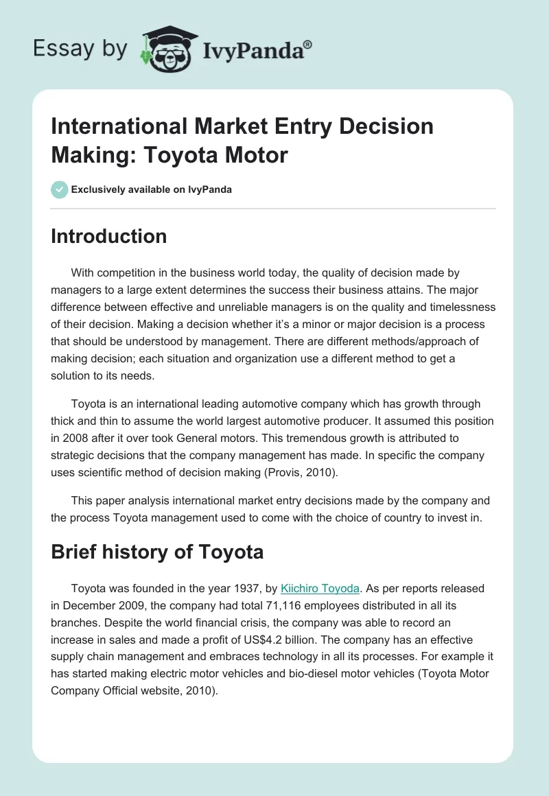 International Market Entry Decision Making: Toyota Motor. Page 1