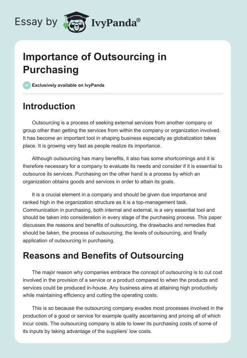 Importance of Outsourcing in Purchasing. Page 1