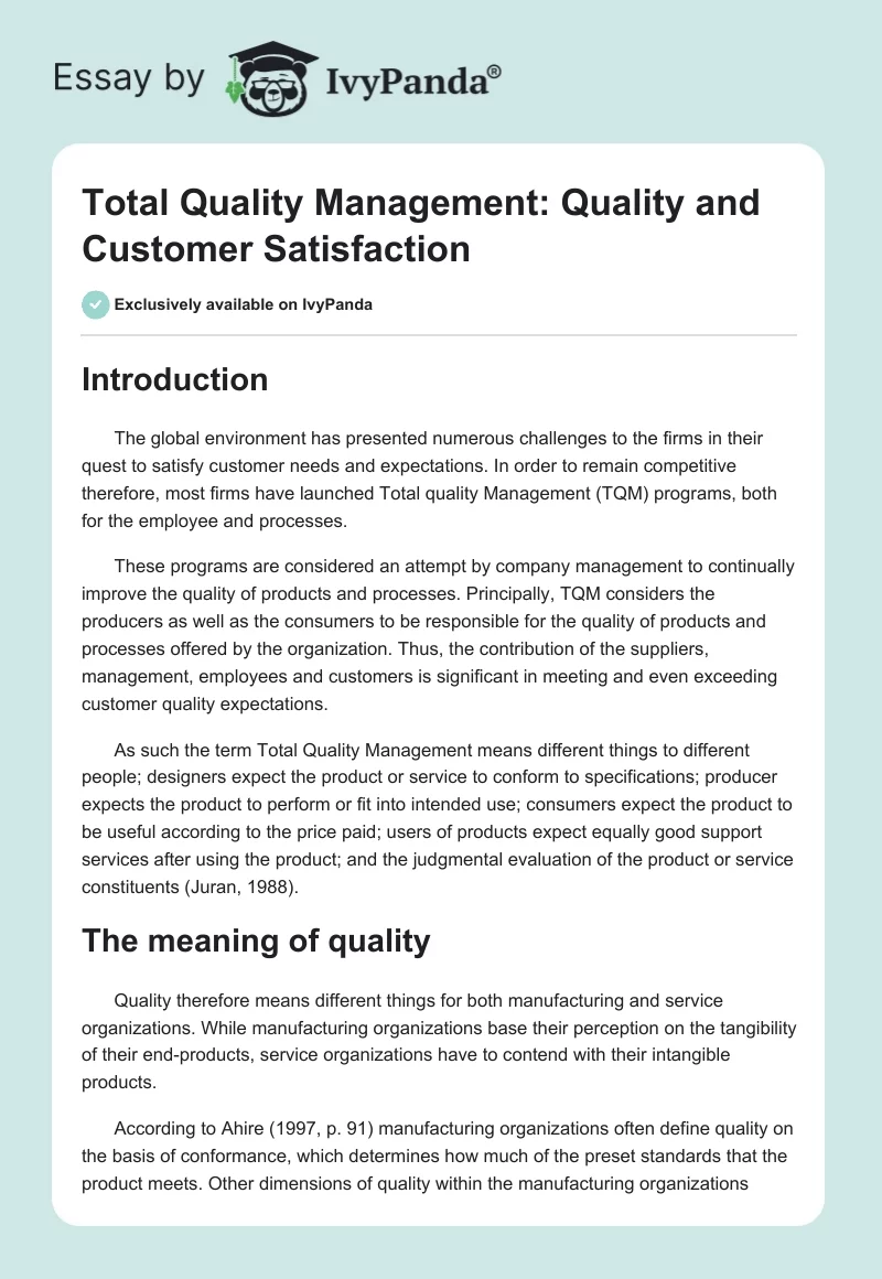 Total Quality Management: Quality and Customer Satisfaction. Page 1