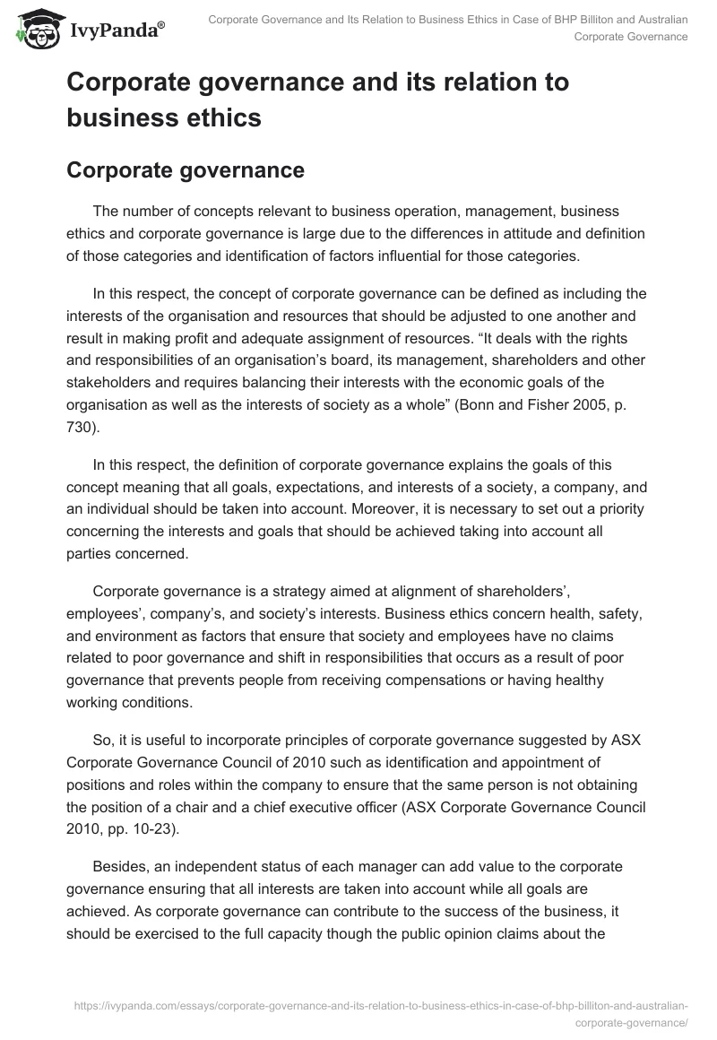 Corporate Governance and Its Relation to Business Ethics in Case of BHP Billiton and Australian Corporate Governance. Page 2