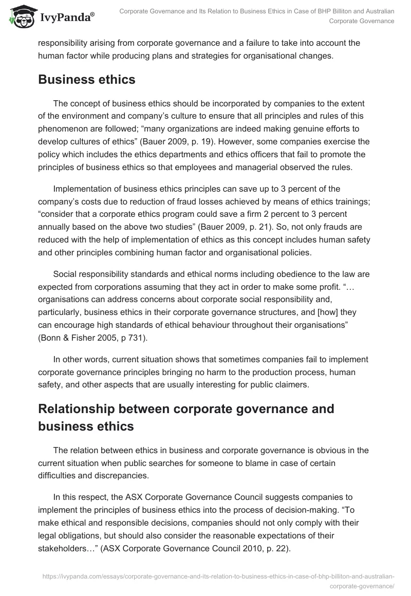 Corporate Governance and Its Relation to Business Ethics in Case of BHP Billiton and Australian Corporate Governance. Page 3