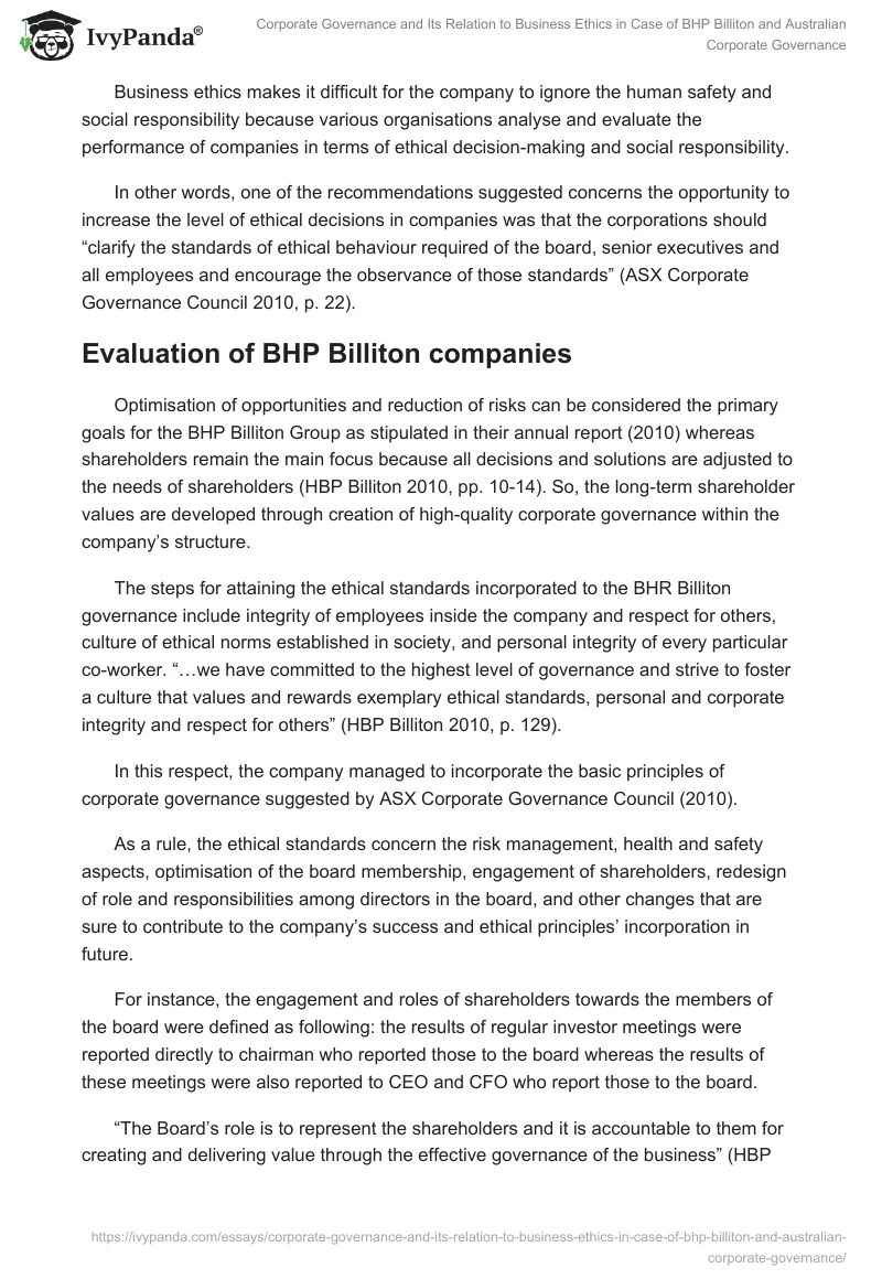 Corporate Governance and Its Relation to Business Ethics in Case of BHP Billiton and Australian Corporate Governance. Page 4
