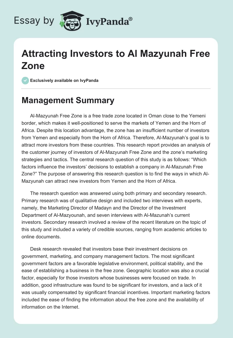 Attracting Investors to Al Mazyunah Free Zone. Page 1