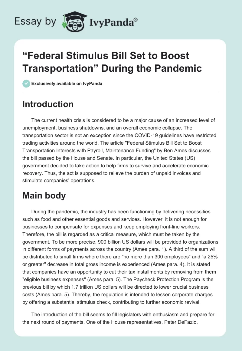 “Federal Stimulus Bill Set to Boost Transportation” During the Pandemic. Page 1