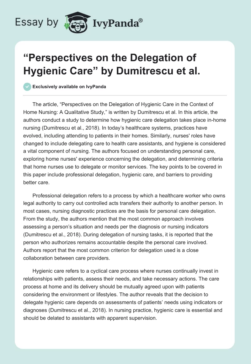 “Perspectives on the Delegation of Hygienic Care” by Dumitrescu et al.. Page 1