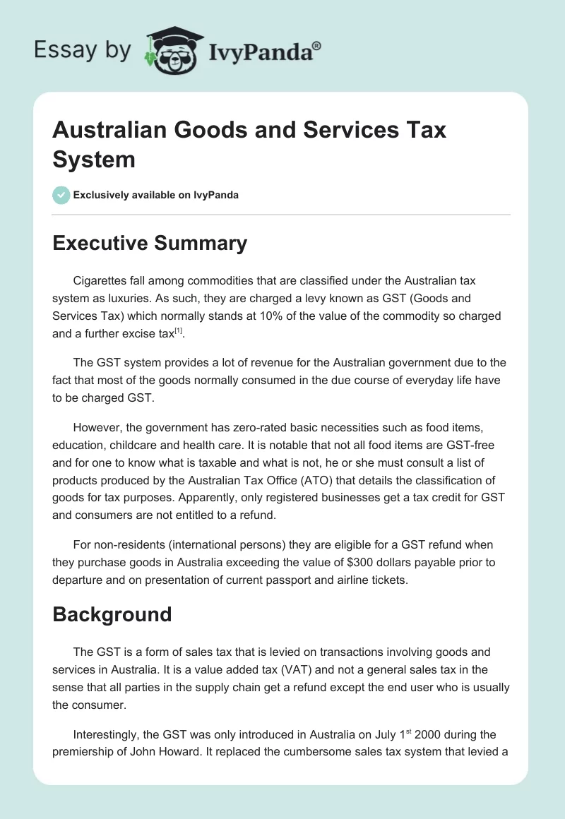 Australian Goods and Services Tax System. Page 1