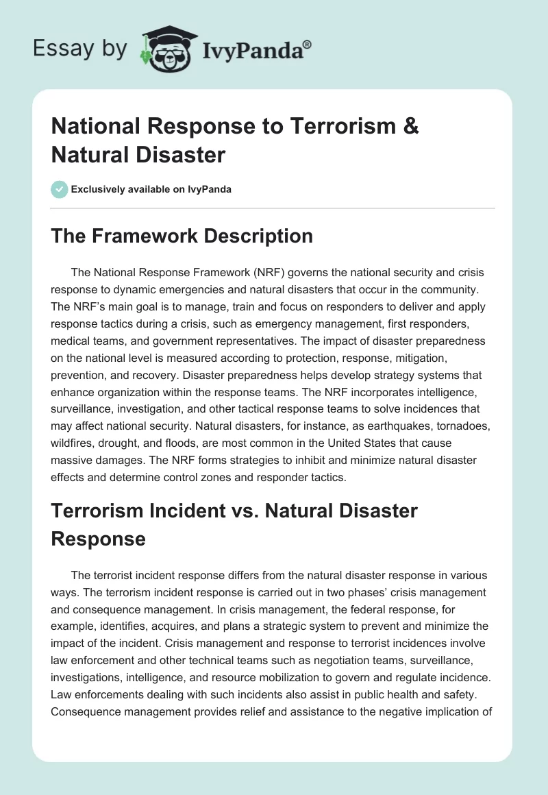 National Response to Terrorism & Natural Disaster. Page 1