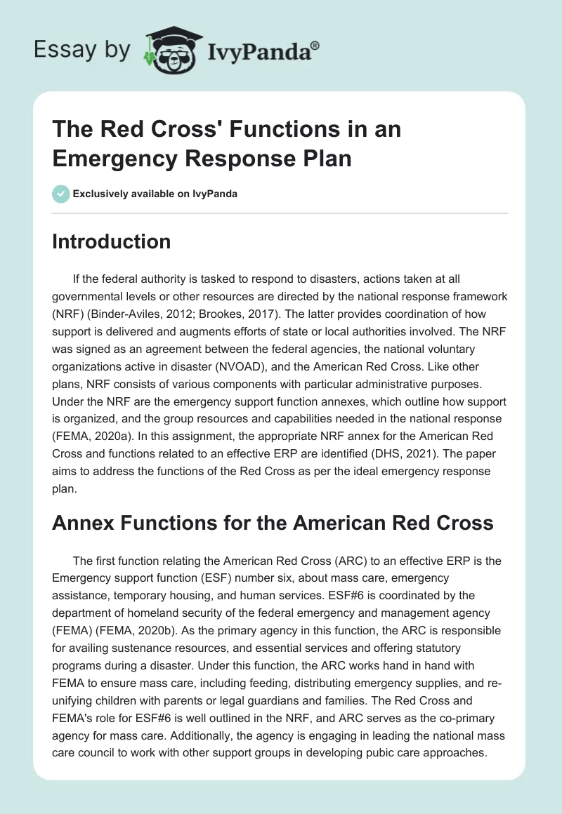 The Red Cross' Functions in an Emergency Response Plan. Page 1