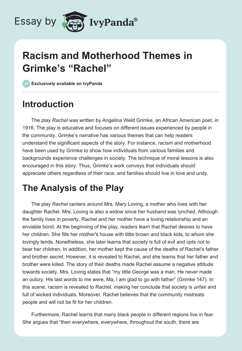 Racism and Motherhood Themes in Grimke’s “Rachel”. Page 1