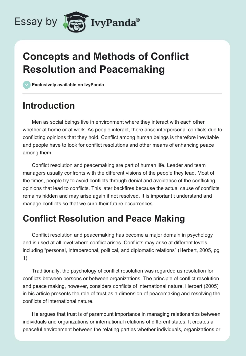 Concepts and Methods of Conflict Resolution and Peacemaking. Page 1