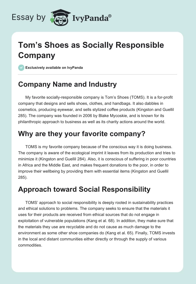 Tom’s Shoes as Socially Responsible Company. Page 1