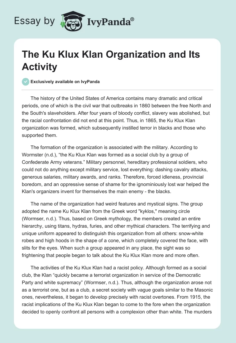 The Ku Klux Klan Organization and Its Activity. Page 1