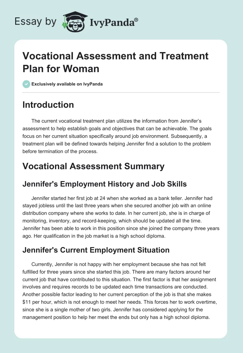 Vocational Assessment and Treatment Plan for Woman. Page 1