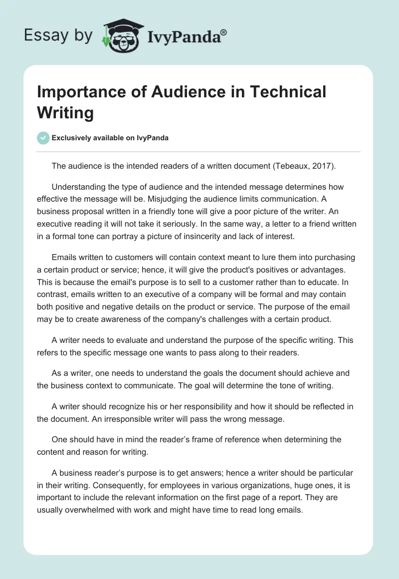 Importance of Audience in Technical Writing. Page 1