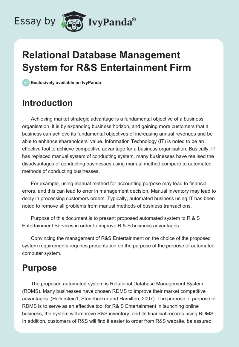 Relational Database Management System for R&S Entertainment Firm. Page 1