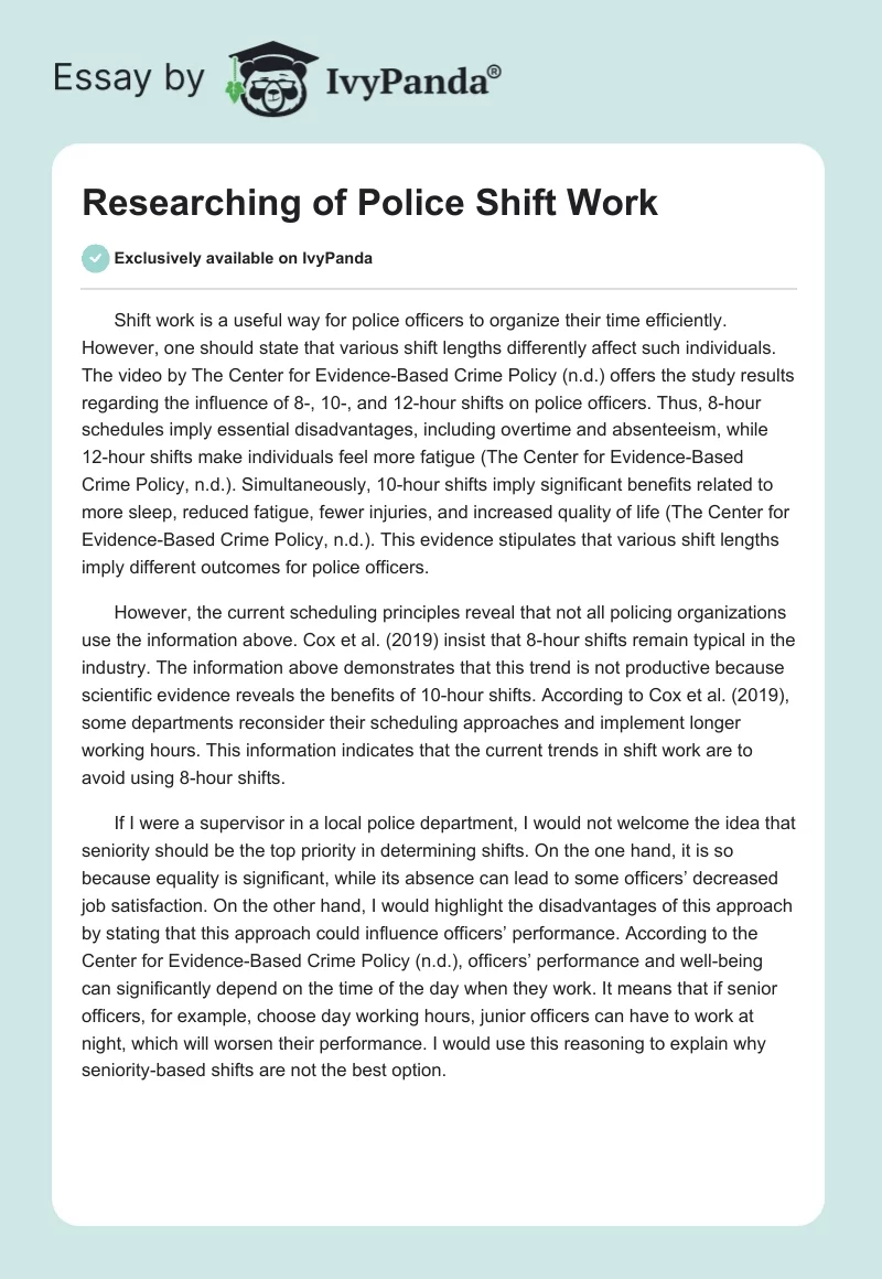 Researching of Police Shift Work. Page 1