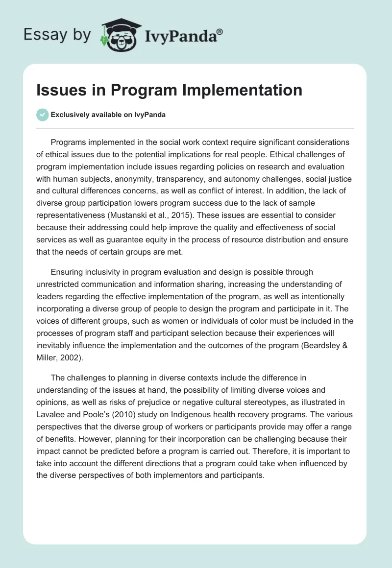 Issues in Program Implementation. Page 1