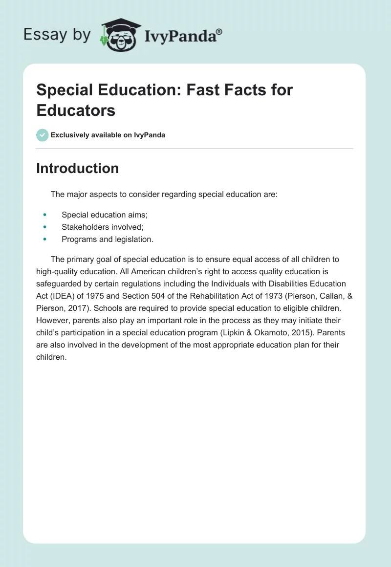 Special Education: Fast Facts for Educators. Page 1
